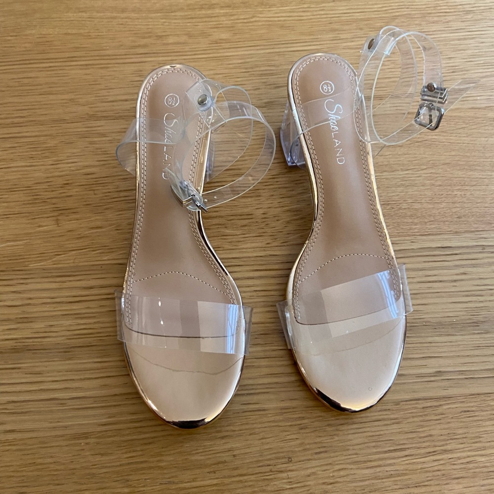 Strappy clear block heels, never worn